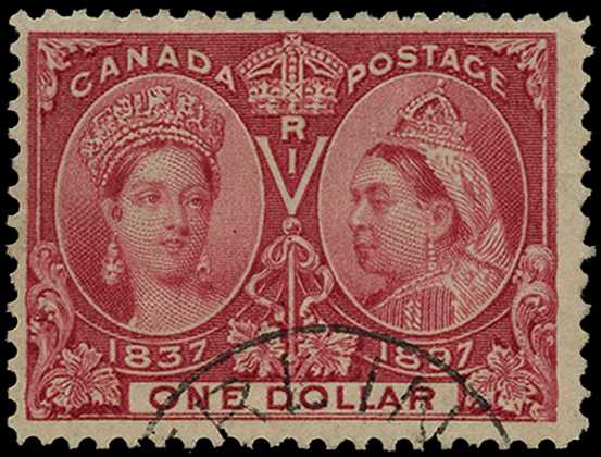 1897 Jubilee $1 lake, fine used with part CDS....