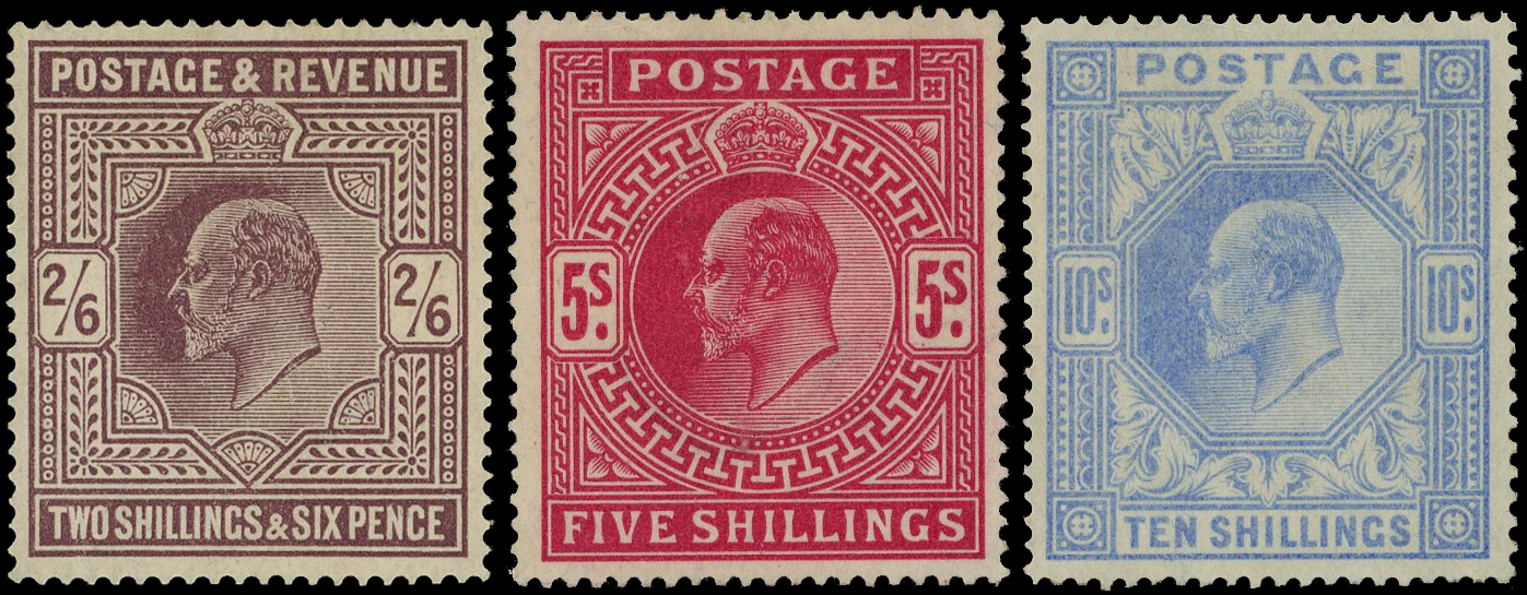 GB: 1911-13 2s6d purple, 5s carmine and 10s blue, fresh facially with gum toning, fine o.g. SG 316/319
