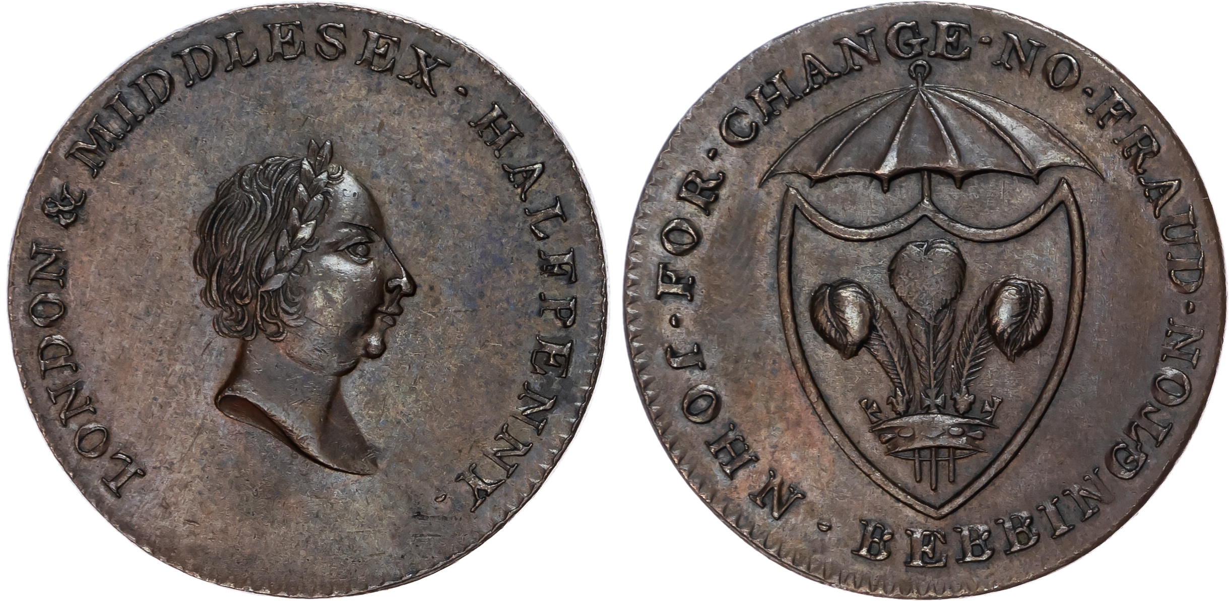 London - City Road , John Bebbington (umbrella maker), Halfpenny undated, Bust right – Pr. of Wales? rev. Umbr…