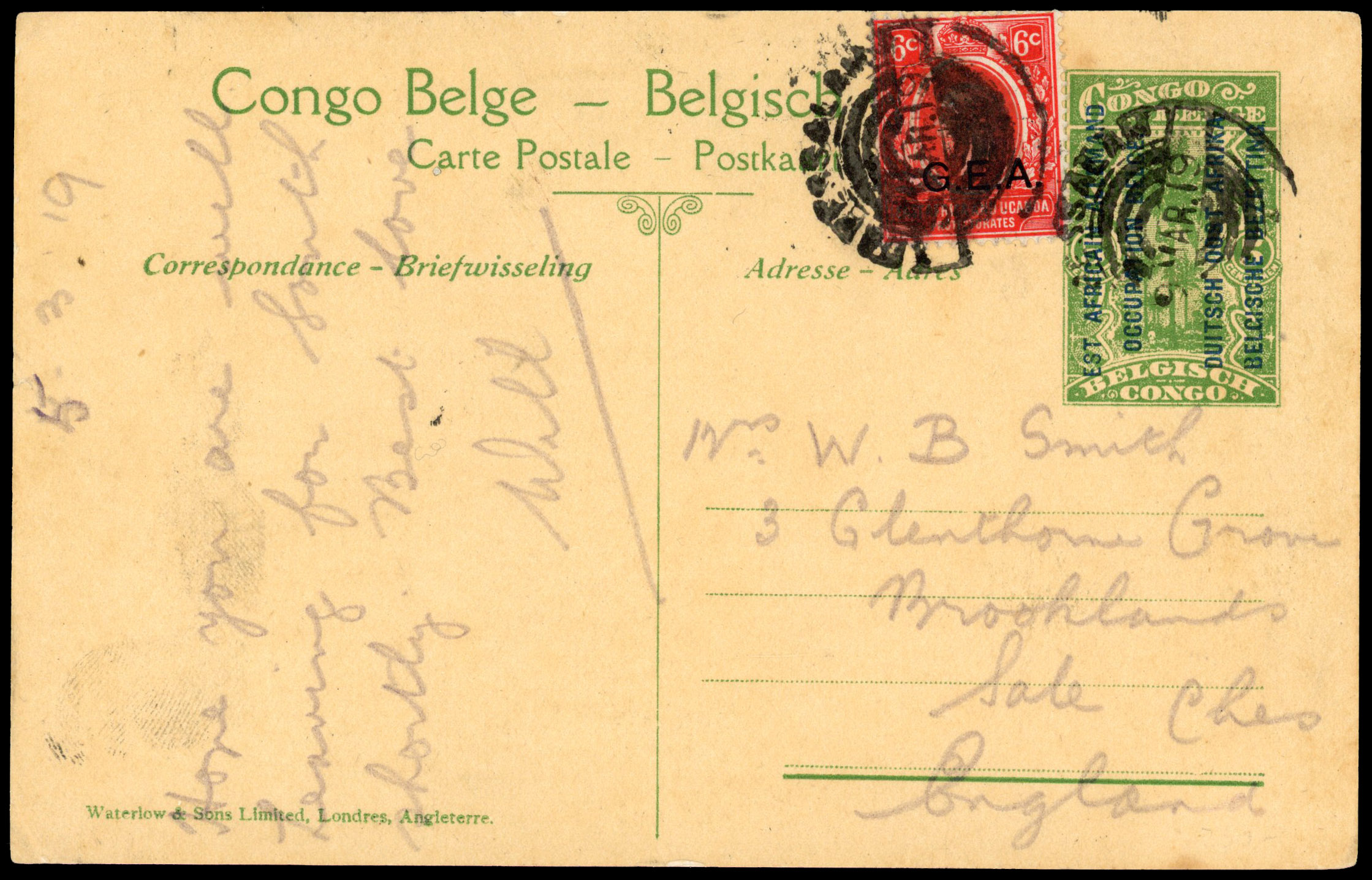 TANGANYIKA: 1919 5c Belgian Congo stationery postcard to England franked additional 6c GEA stamp to pay the Empire rate,