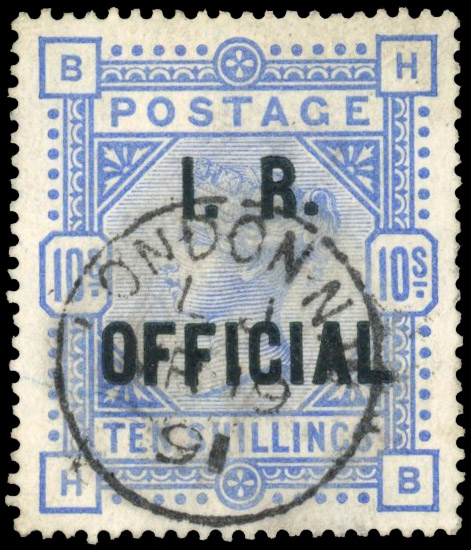 GB I.R. Official. 1884-88 10s ultramarine optd in blue-black, Raised stop after ‘R’, Spec. L8(4)ba, SG O10a,b