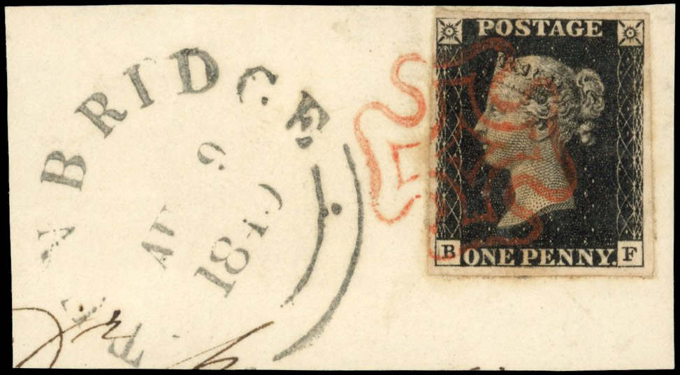 Great Britain 1d black Plate 5 (BF) used on piece SG 2