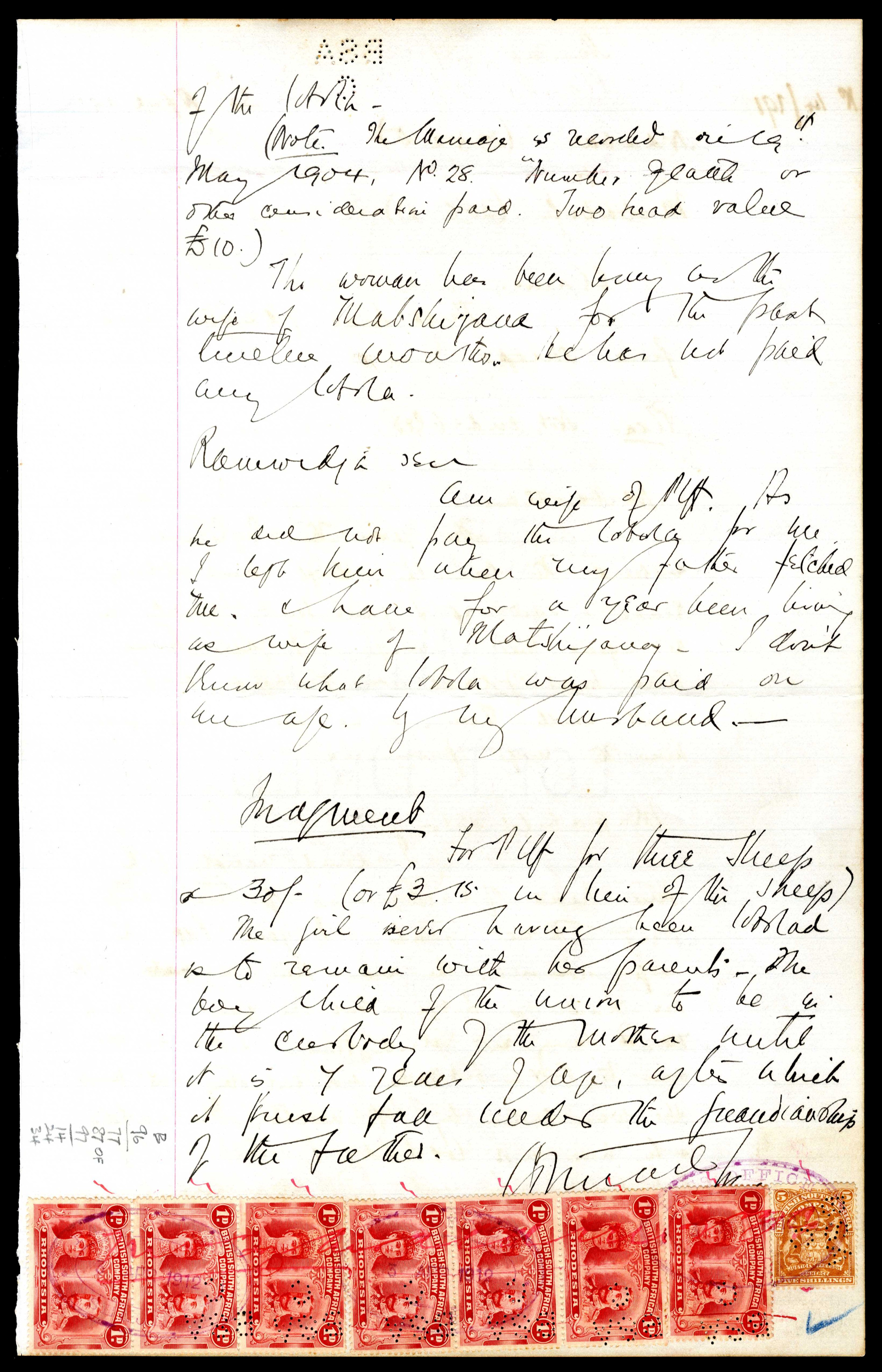 1d carmine-lake SG 124 group on document, position 87 'Original' flaw, fiscally used