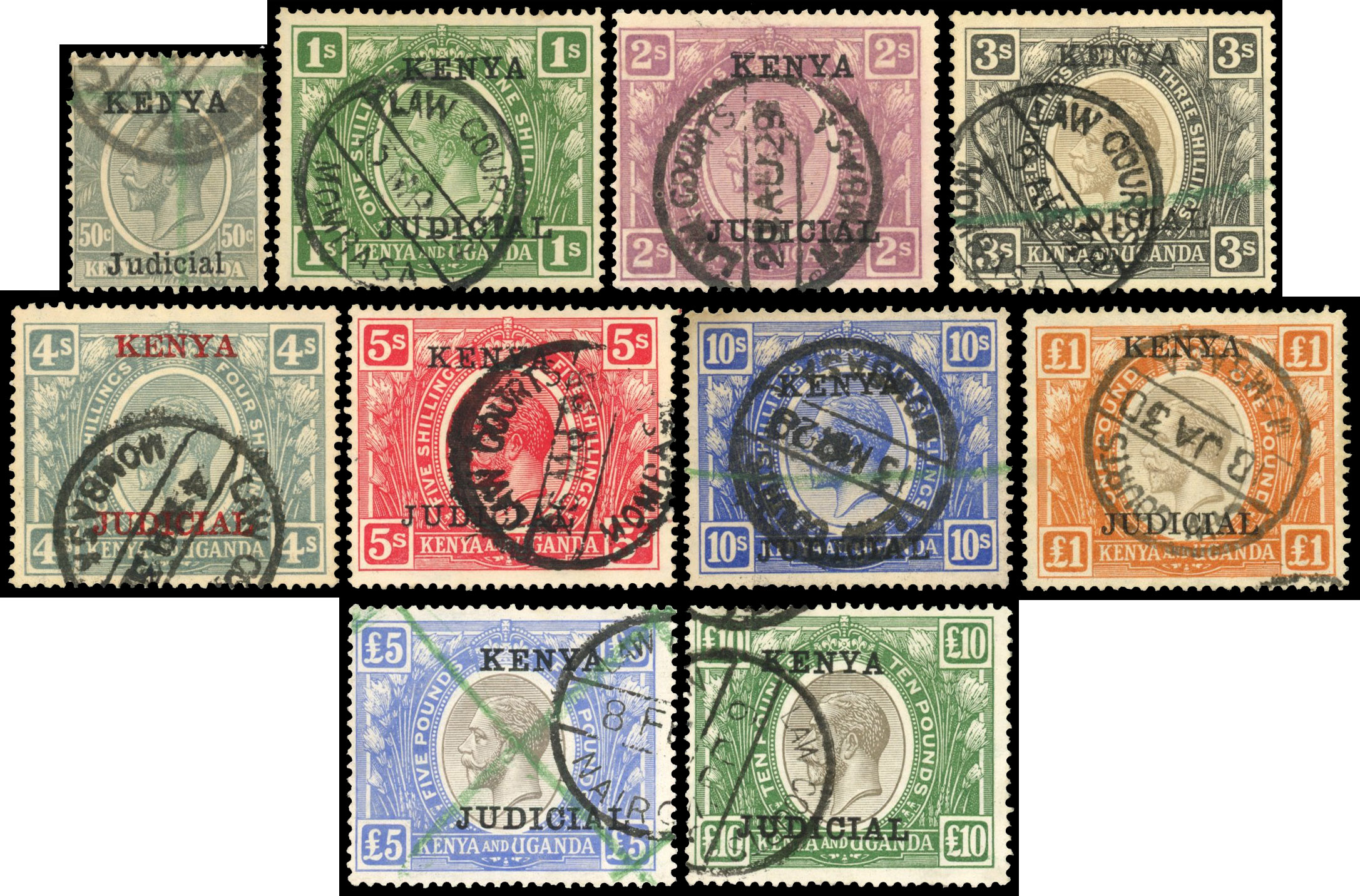 KUT Revenues 1922 values to £10 overprinted JUDICIAL used