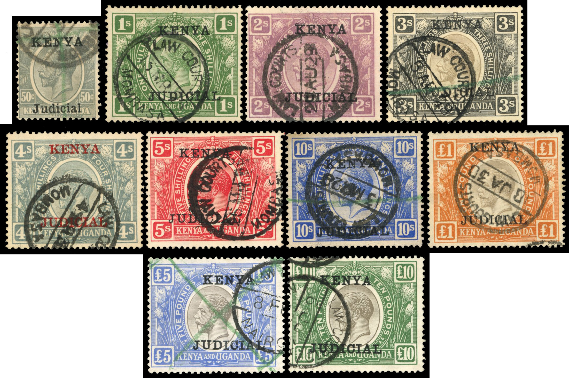 KUT Revenues 1922 values to £10 overprinted JUDICIAL used
