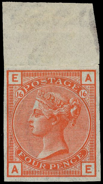 1877 4d Vermilion Pl.16. Very fine unused o.g. imperforate ‘abnormal’ top marginal imprimatur lettered AE. Scarce one of…