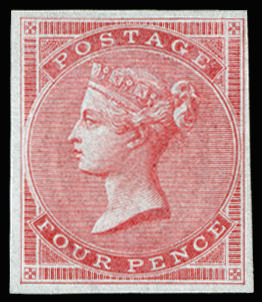 Great Britain 1855 4d Carmine Pl.1 (Wmk. Small garter). Very fine unused imperforate imprimatur. Very rare, one of…