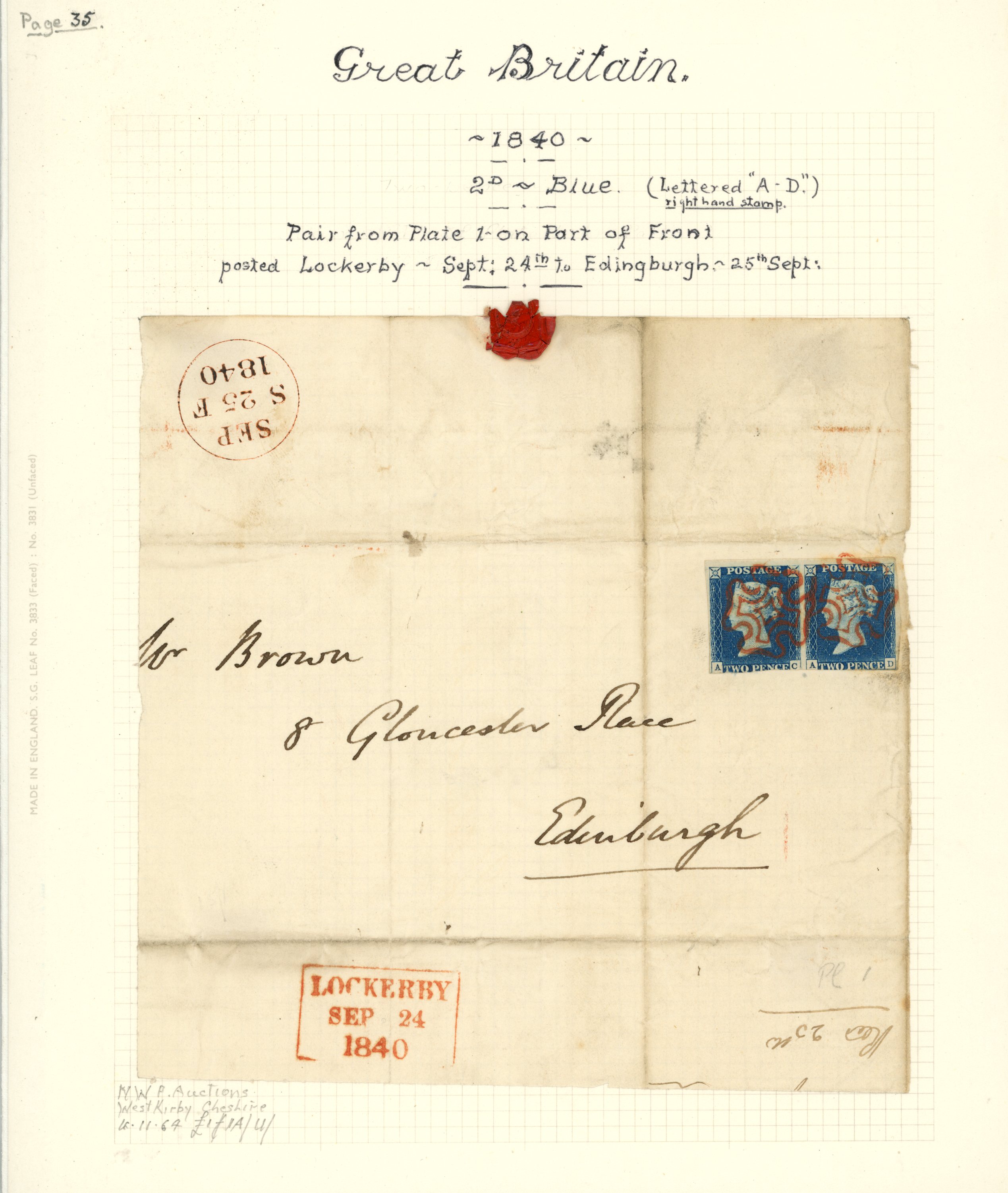 1840 2d blue, Plate 1, horizontal pair...