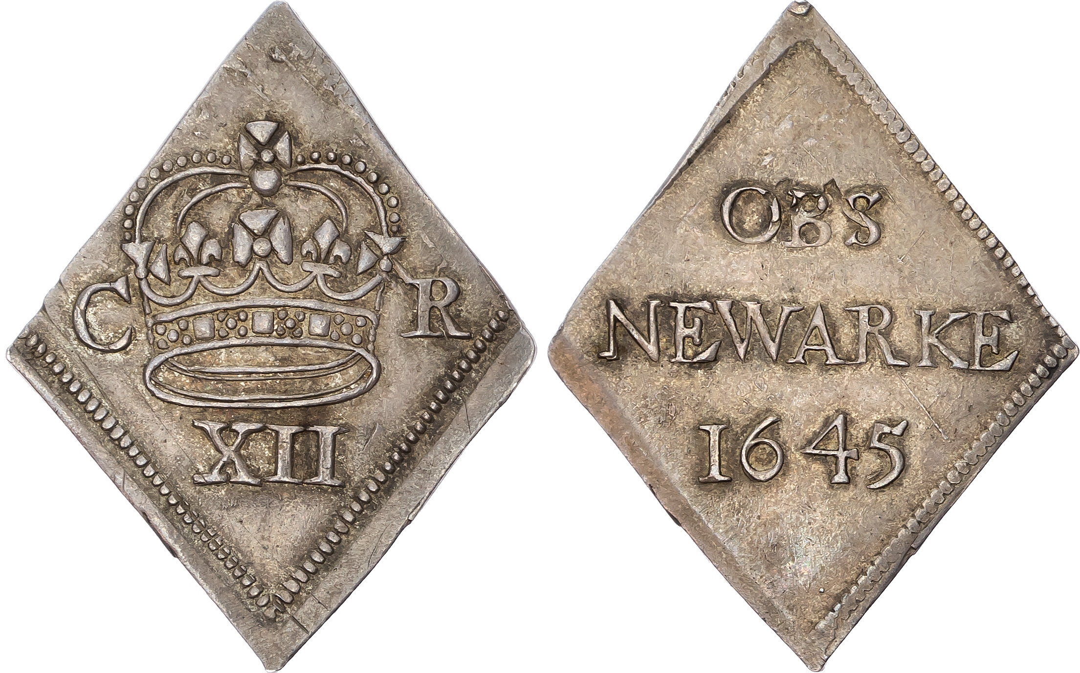 Charles I (1625-1649), AR lozenge shaped shilling 1645, Newark besieged in the name of Charles I. Large crown; C R flank…
