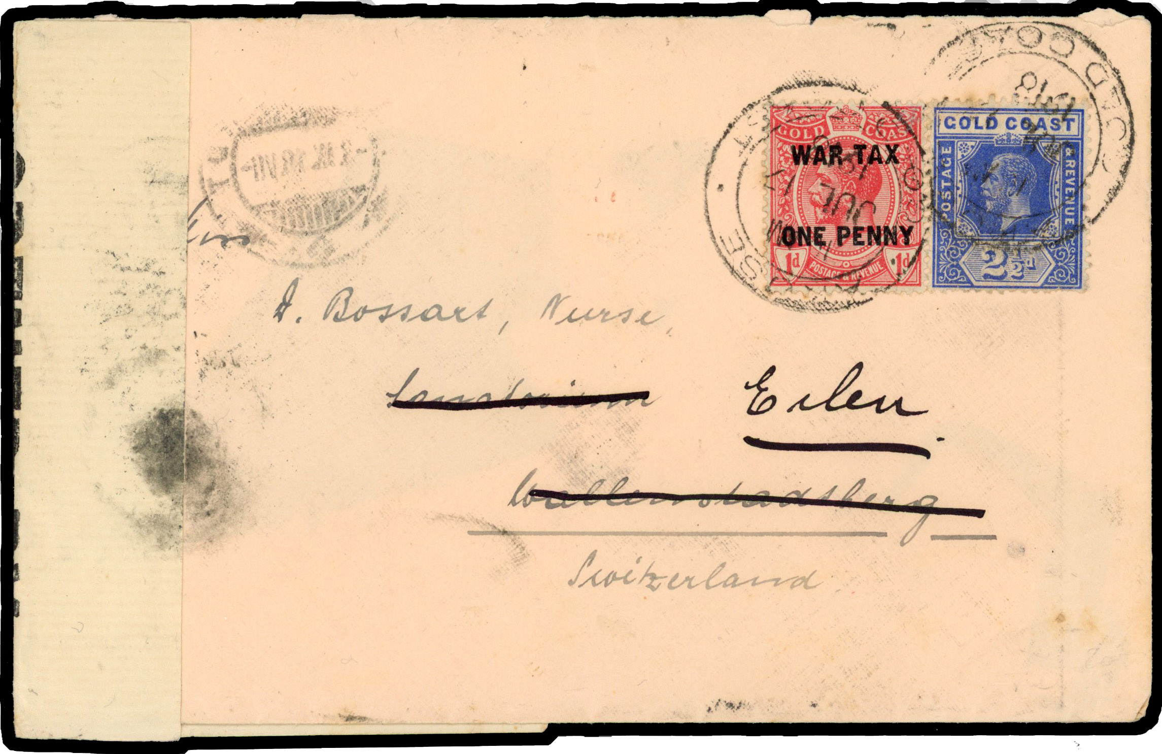 GOLD COAST: 1918 censored cover to Switzerland franked 1d and 2½d tied ‘AKUSE/JUL 17 1918’ dr cds,