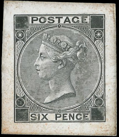 1869 6d Die proof. Fine example printed in black on white glazed card with uncleared corner squares and plate numbers, t…