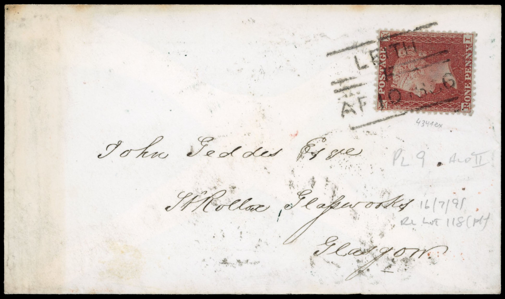 GB 1856 1d red on envelope Leith experimental cancel