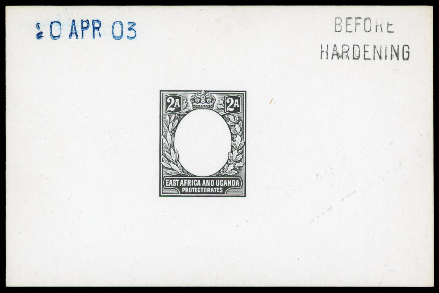 1903 2a De La Rue die proof in black on glazed card dated “10 APR 03" in blue and endorsed “BEFORE HARDENING”