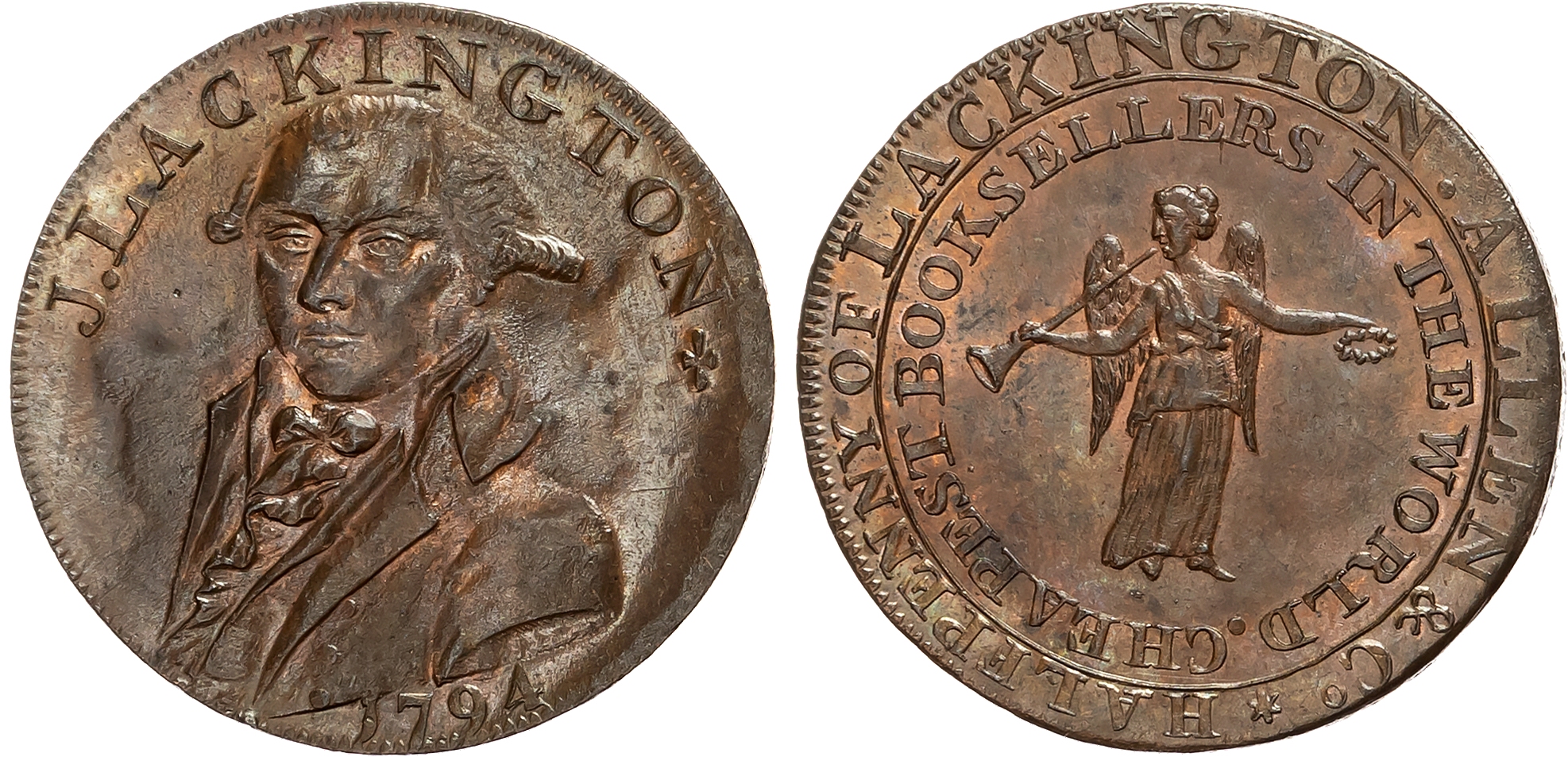 London, Moorfields & Finsbury Sq .,  James Lackington & James Allen (book-sellers) Halfpenny 1794, Lackington’s half fac …