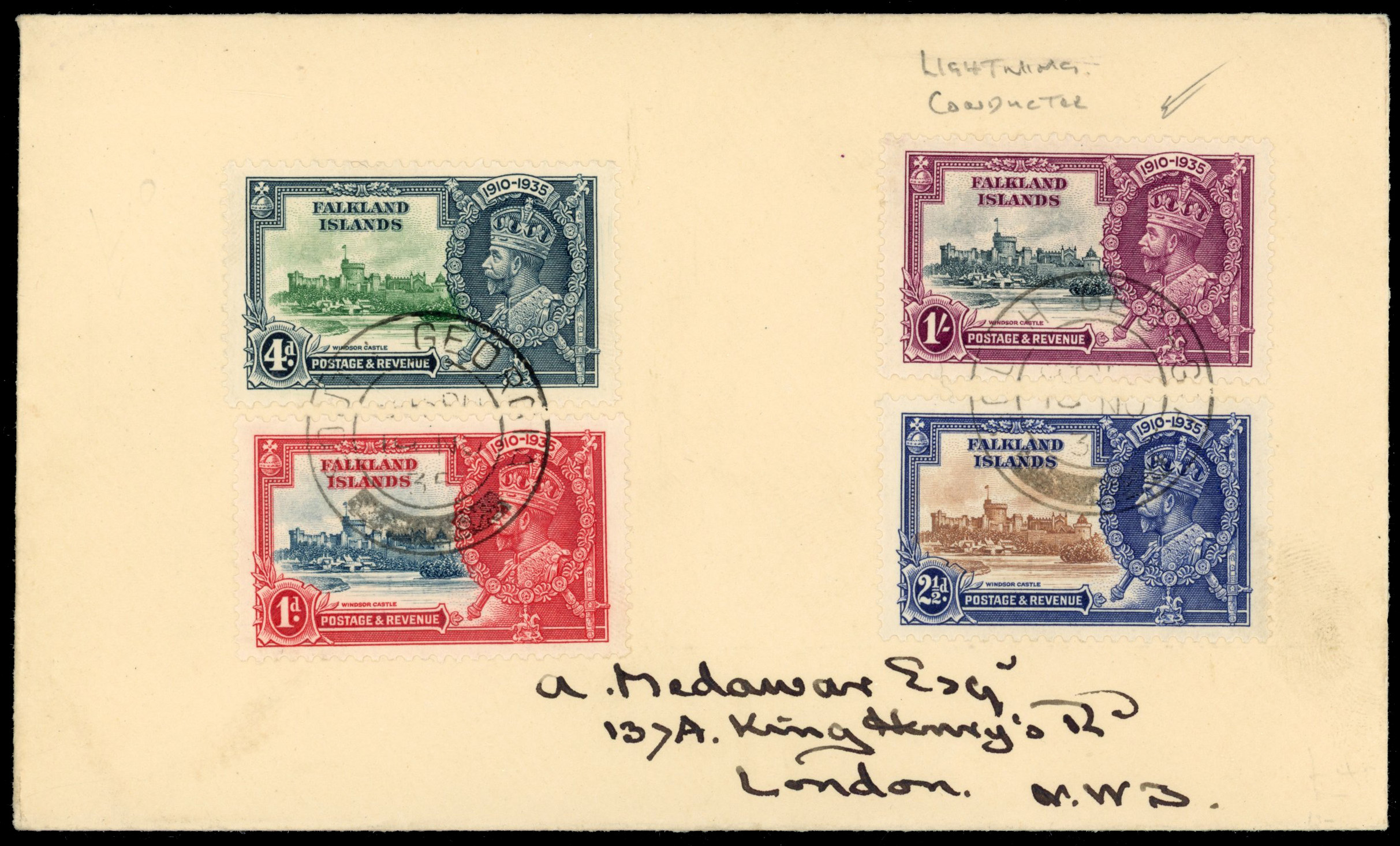 Falkland Islands SG 142c 1935 Jubilee cover, the 1s with 'lightning conductor