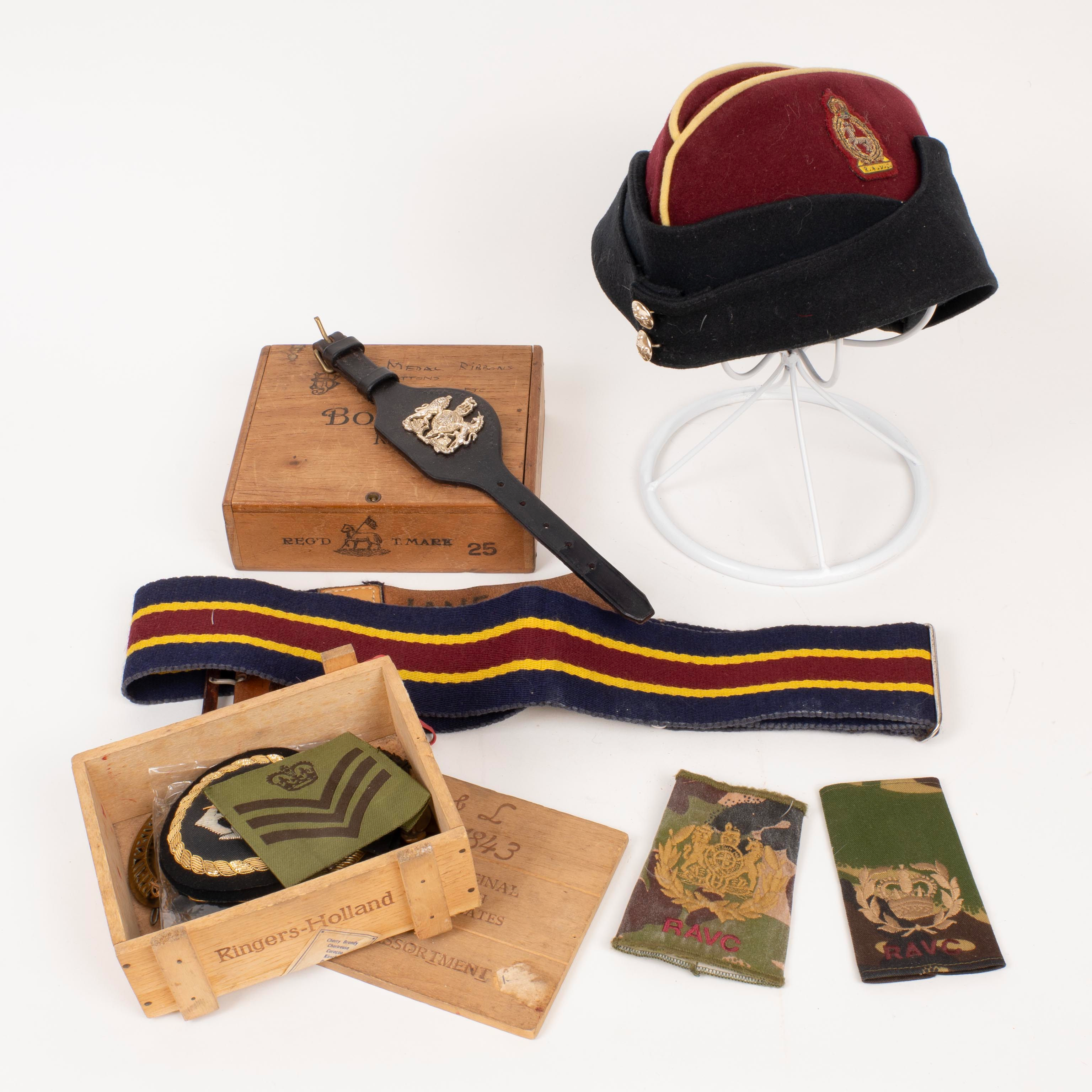 Collection of badges and buttons, side hat, Stable Belt, Army Vet. Core interest