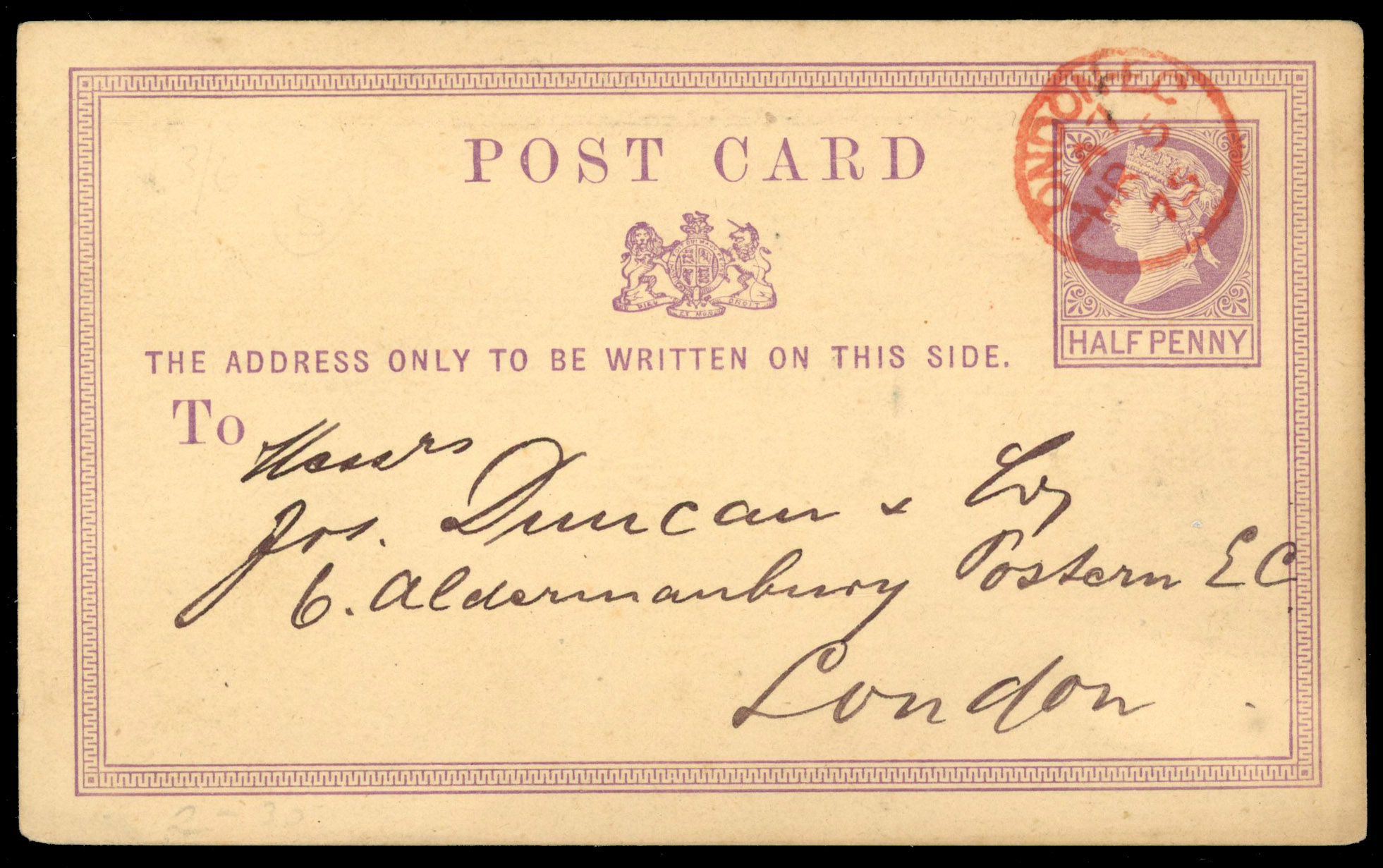 GB 1870 ½d purple postcard with red cancel