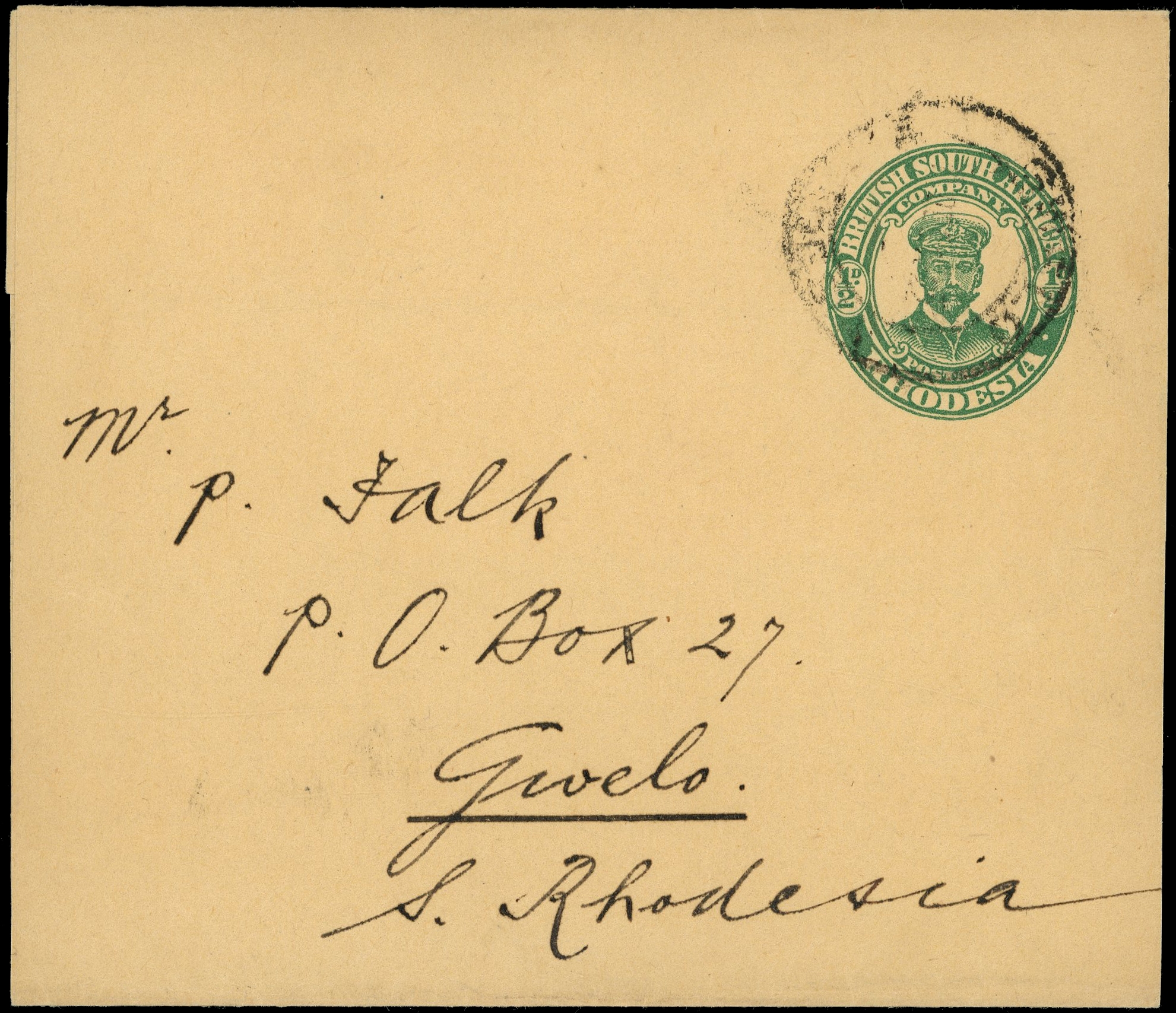 1923 ½d green "Admiral" newspaper wrapper used to Gwelo