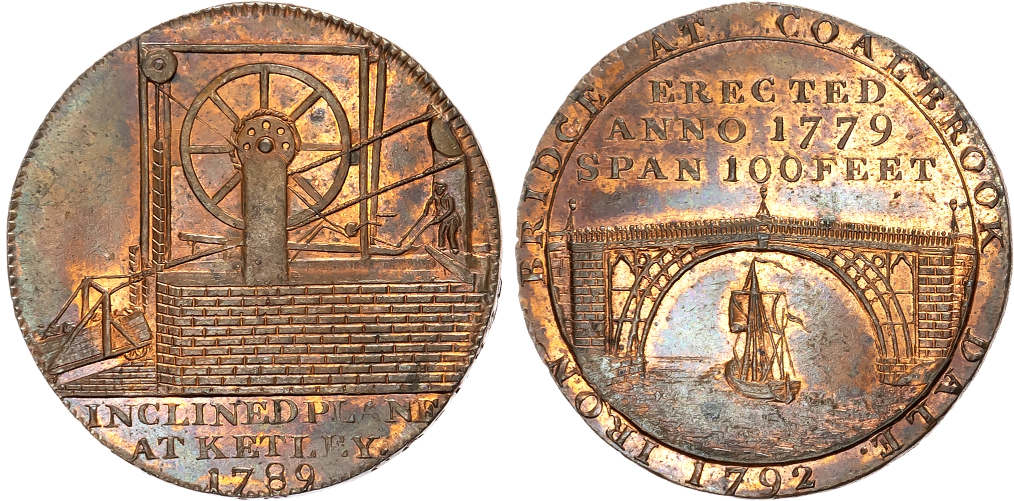 Salop. Coalbrook Dale , Richard Reynolds & Sons Halfpenny 1792, Sailing barge below iron bridge, rev. Inclined plane (ba …