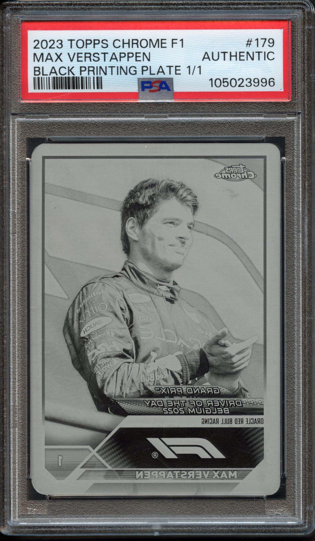 <p>2023 Topps Chrome F1 Max Verstappen Black Printing Plate 1/1 #179 PSA Authentic </p>