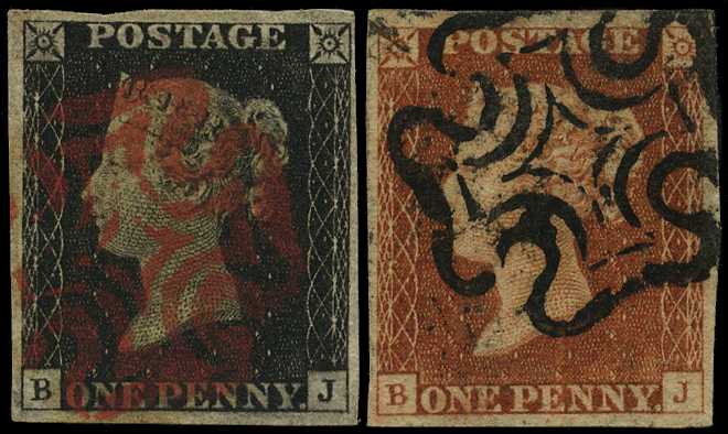 1840 1d black and 1841 1d red , Plate 2,...