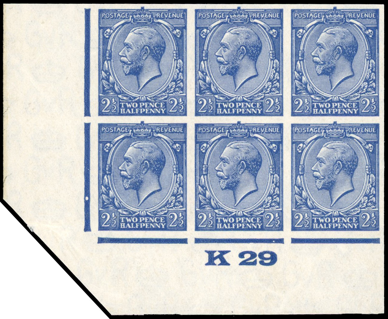 Great Britain 1929 2½d Blue, Control Block of Six, BPMA Imprimatur, SG 422