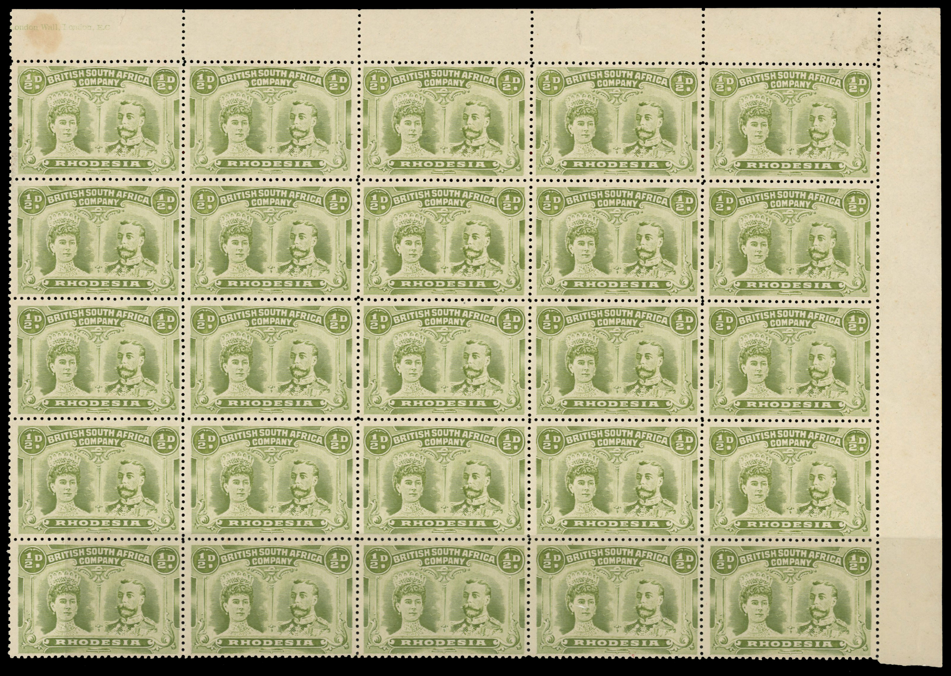 ½d olive-green block of 25 SG 121 with wedge flaw mint