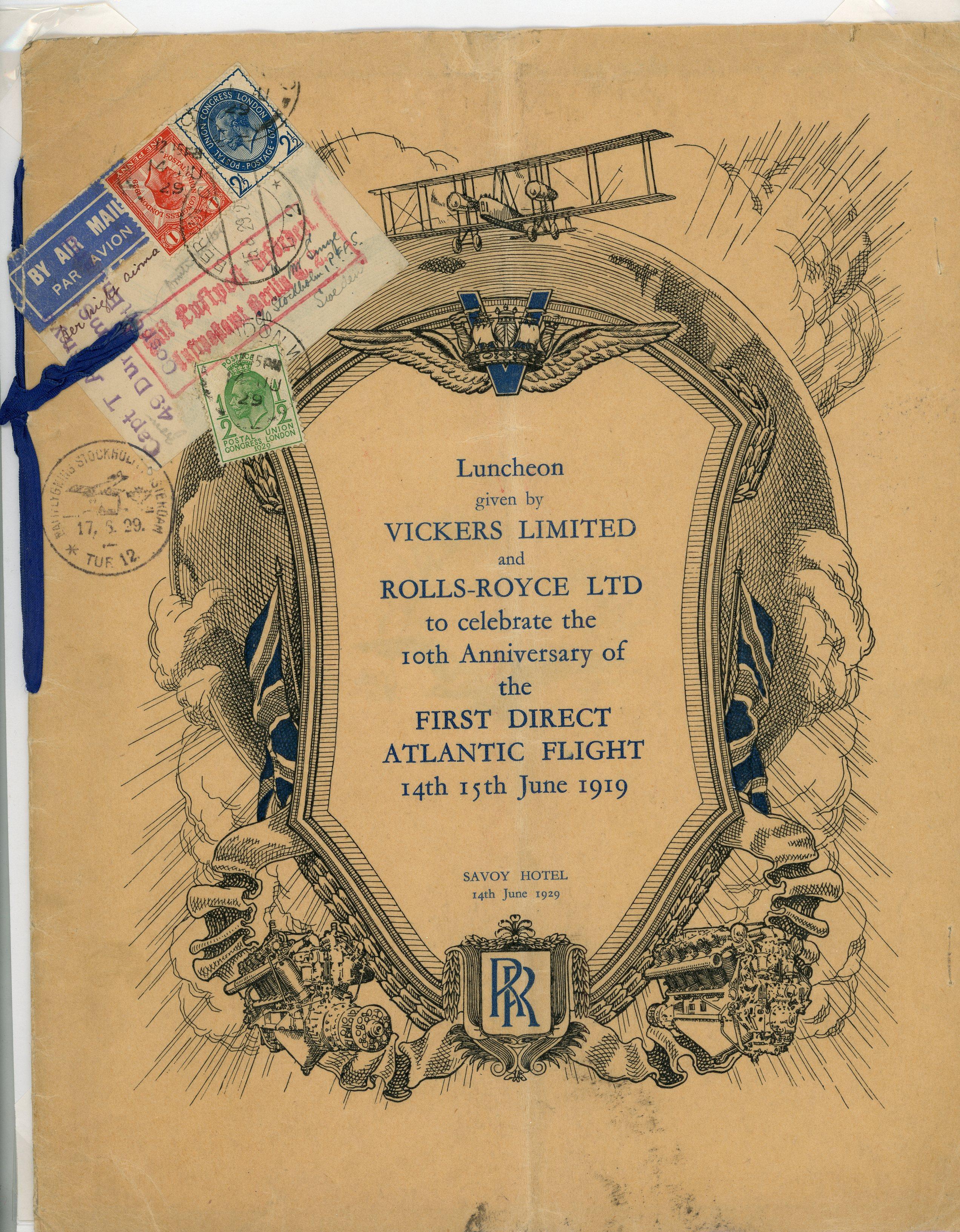 Newfoundland 1929 menu marking tenth anniversary of First Transatlantic Flight ...