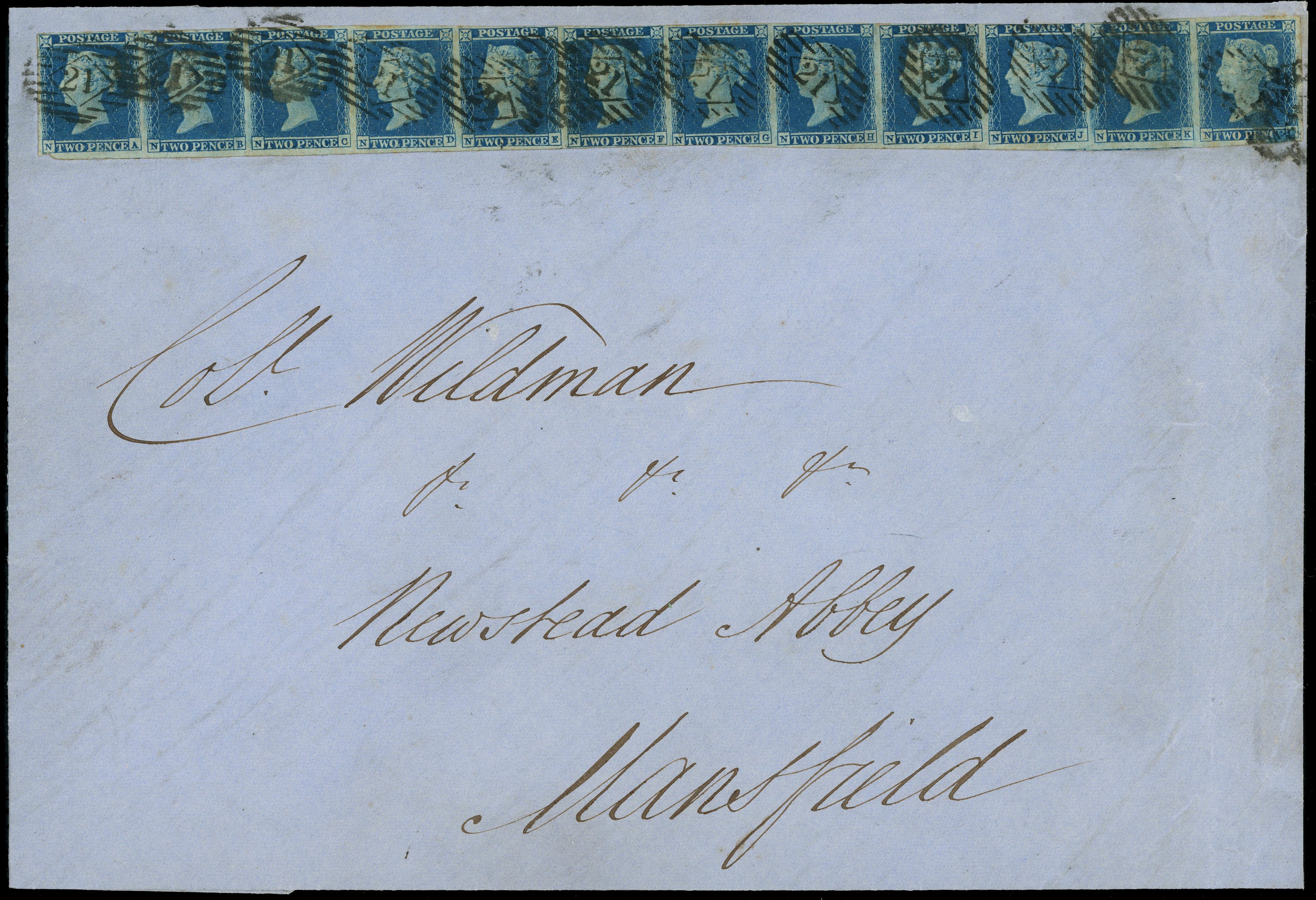 1841 2d Blue Pl.4. complete horizontal row of twelve 1841 2d Blue Pl.4. lettered NA-NL