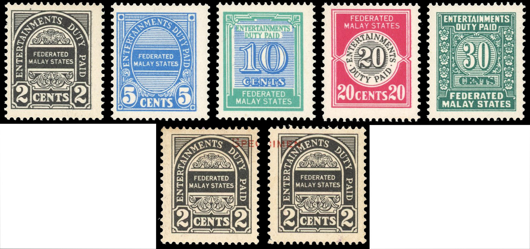 FMS Entertainments Duty 1940 2c-30c mint plus 2c Specimens