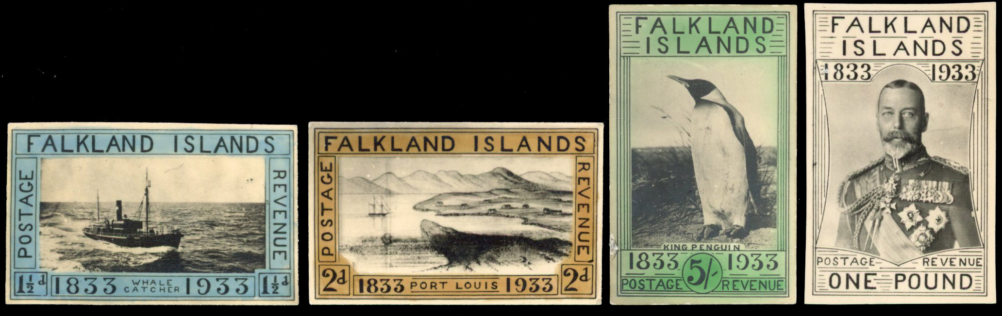 Falkland Islands 1933 Centenary photographic essays 1½d, 2d, 5s and £1 