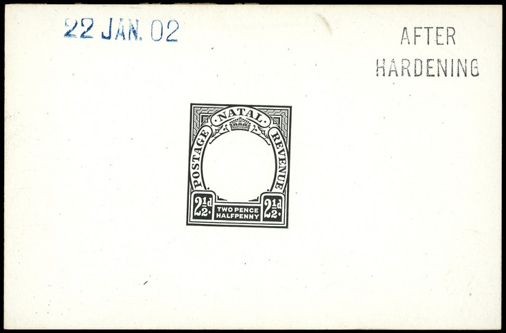 1902 Die Proof of 2½d Duty Plate in black on glazed card 93 x 60mm, dated 22 JAN. 02 in blue and marked AFTER HARDENING. ...