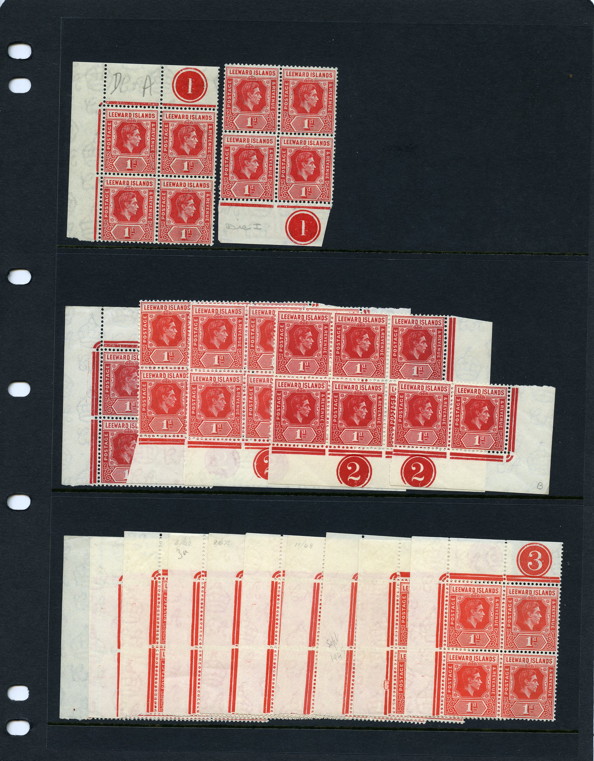 1938-51 1d mint study with Plate blocks; Die...