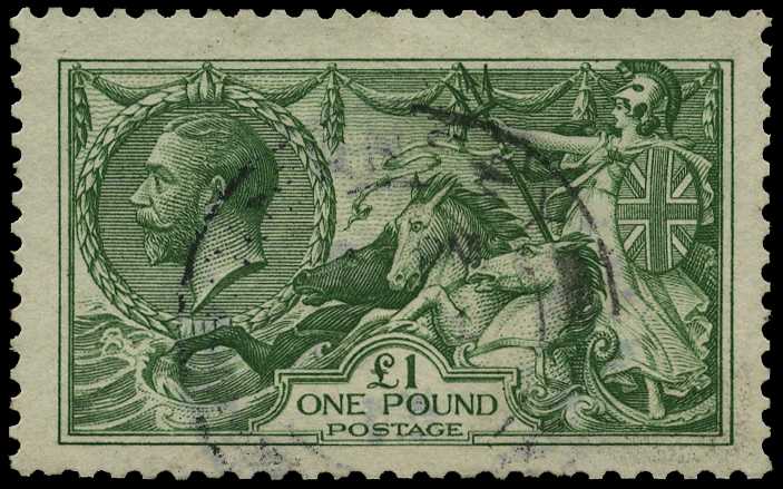 1913 £1 green, used lightly cancelled by...