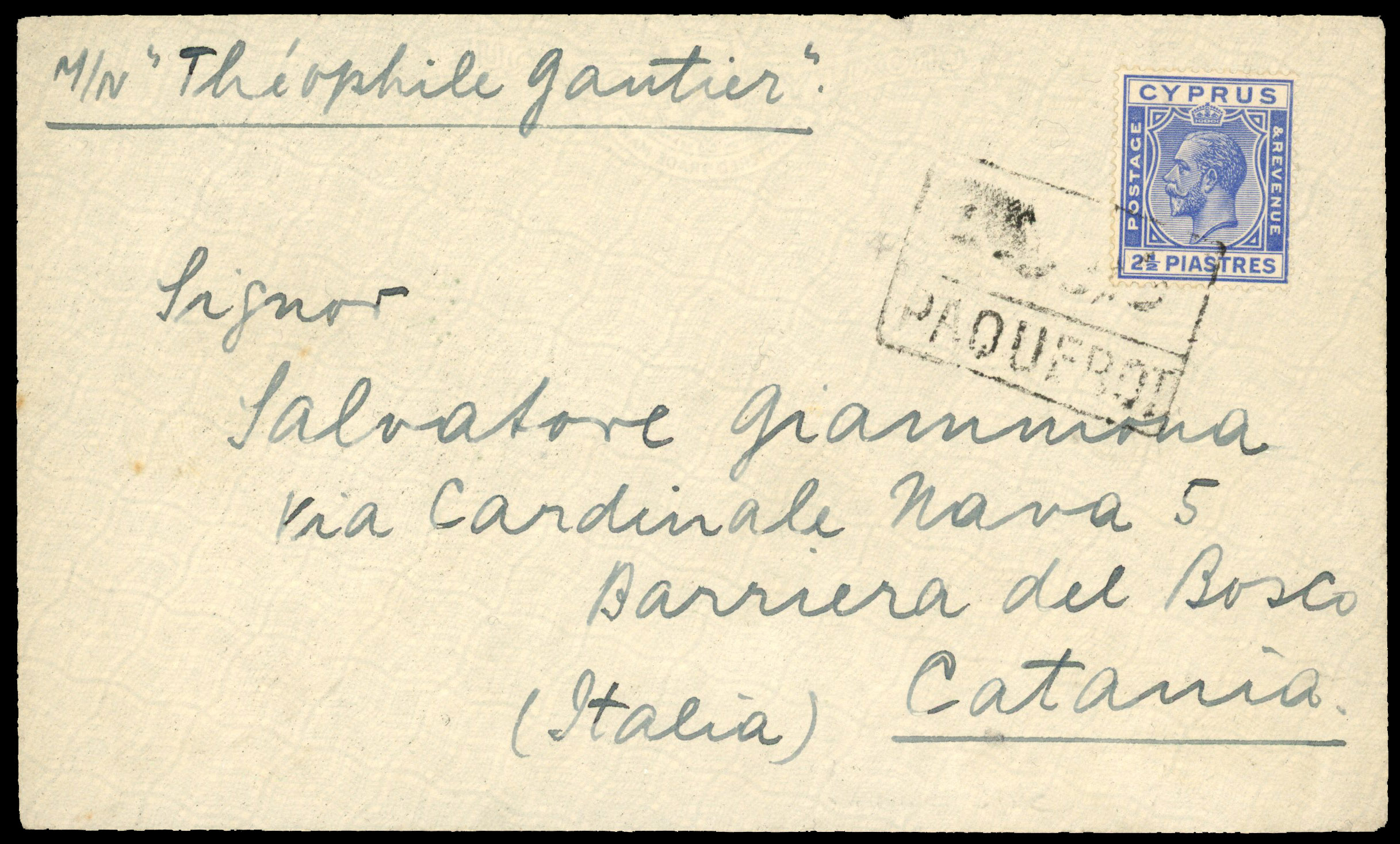 1929 2½pi tied Constantinople “PAQUEBOT” handstamp (Hoskin type 586c) with Barriera backstamp