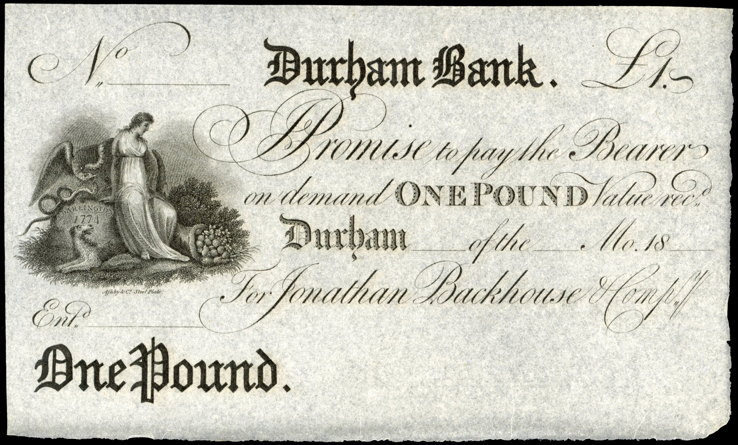 DURHAM, Durham Bank for Jonathan Backhouse & Co., Unissued £1.,18-- (c 1820), no signature, no serial number, …