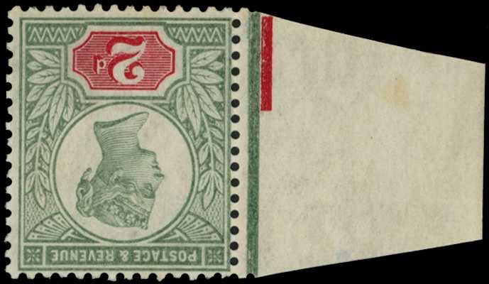 1887-1900 2d grey-green and carmine, left marginal with WMK INVERTED, full unmounted o.g., very fine example of this scarce...
