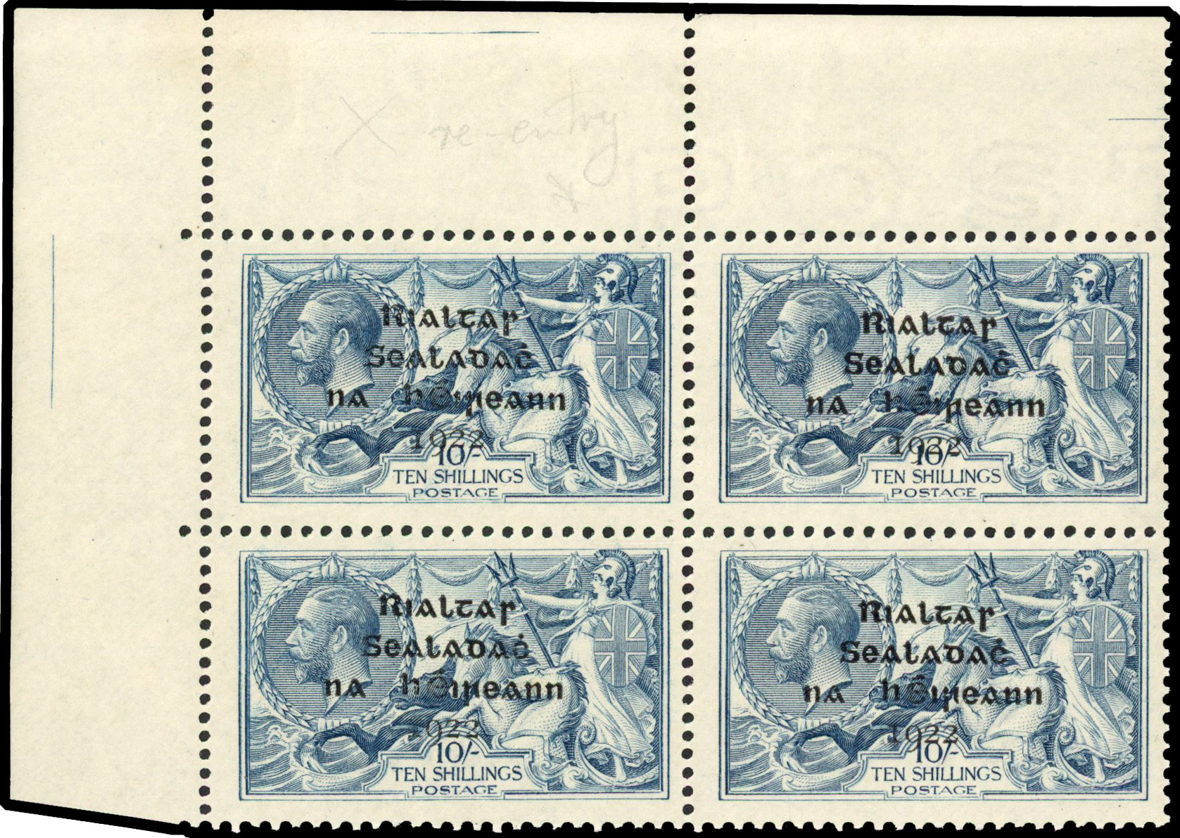 Ireland 1922 Dollard 10s dull grey-blue block of 4 with re-entry unmounted
