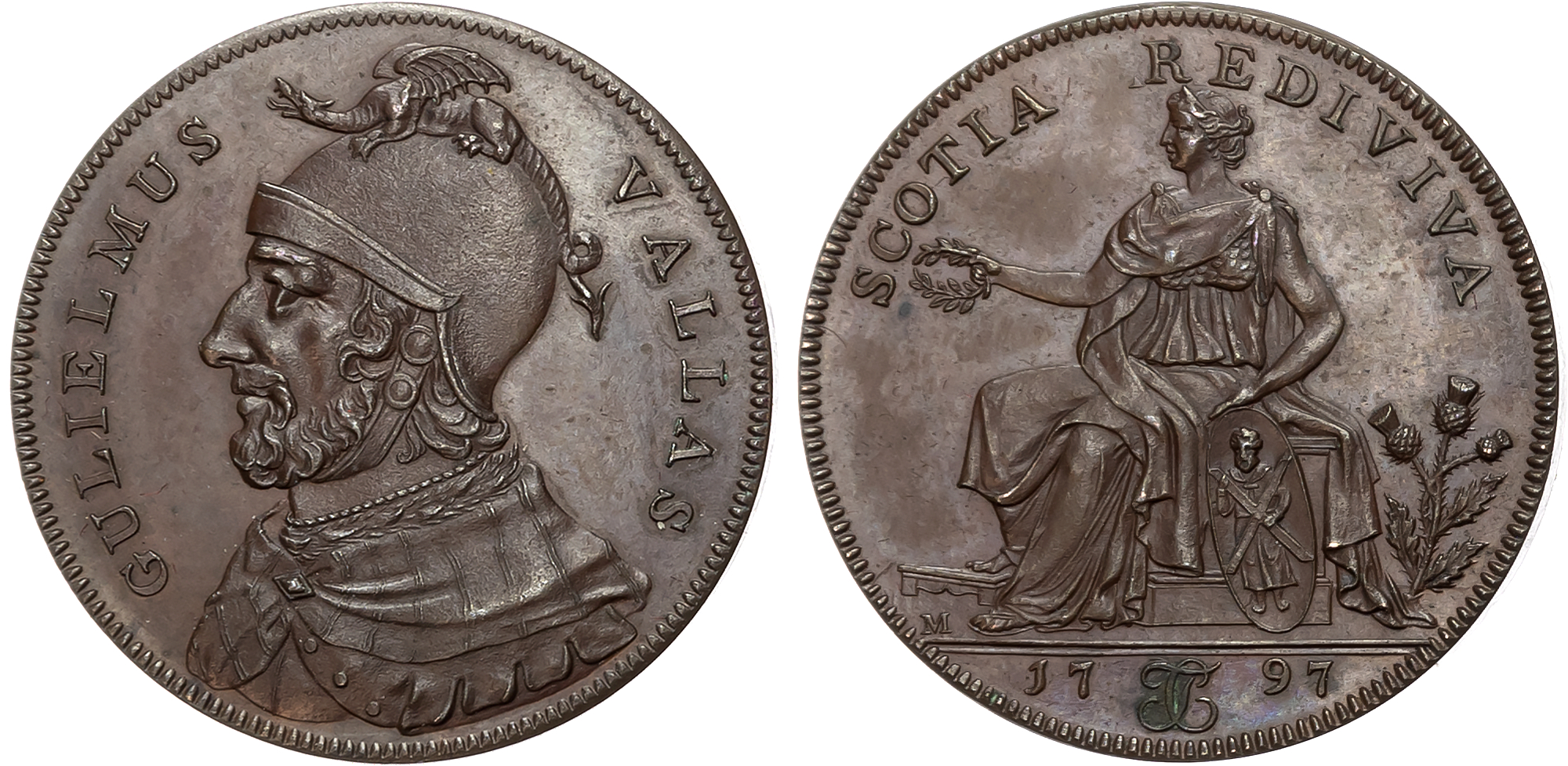 Ayrs, Ayr , William Fullarton (builder of Troon Canal), Milton’s bronzed Halfpenny 1797, Helmeted bust of William Wallac …