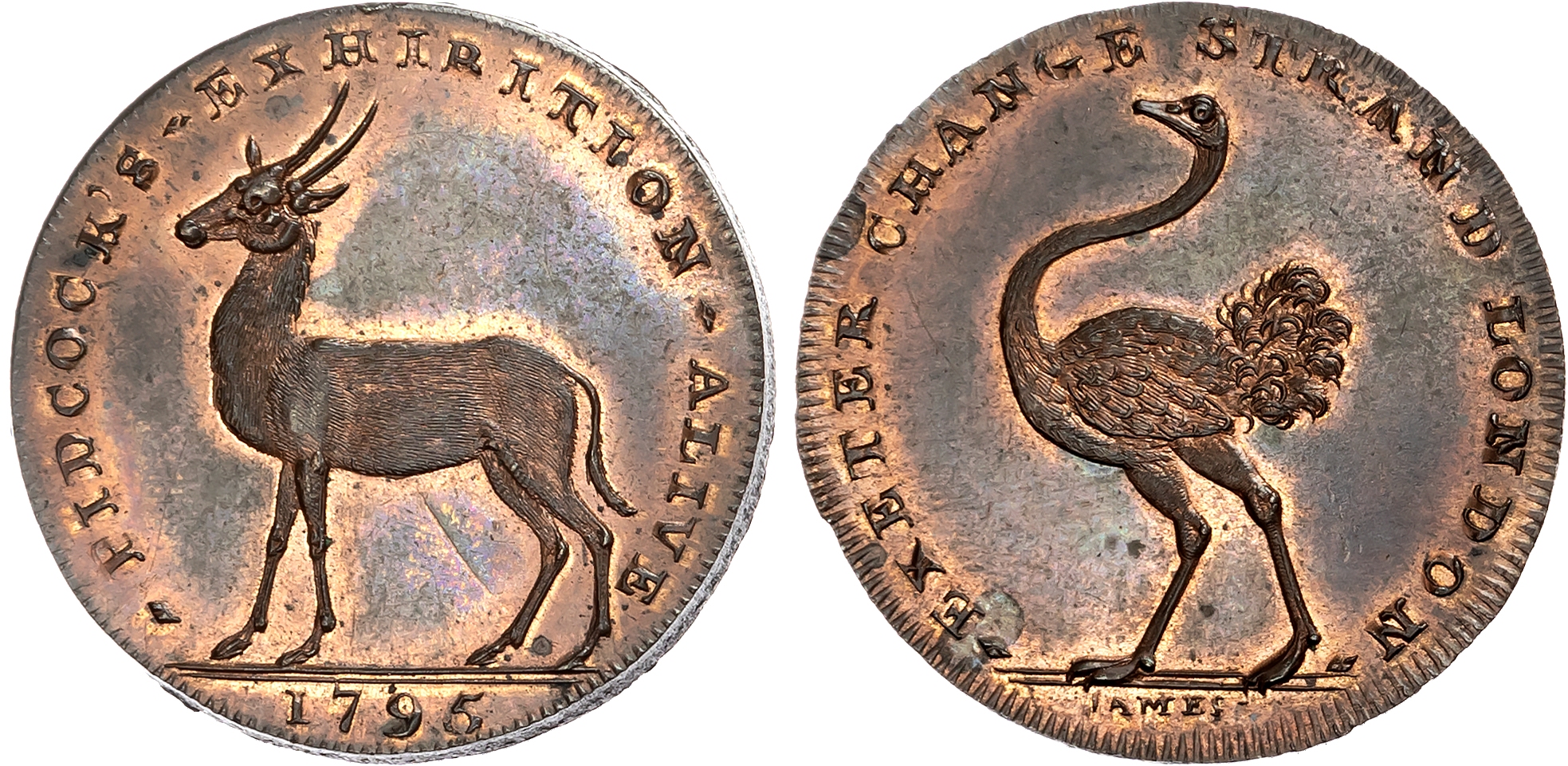 London, Strand, Gilbert Pidcock Halfpenny 1795, Antelope standing left, rev. an ostrich walking left, edge plain, 28mm/1 …