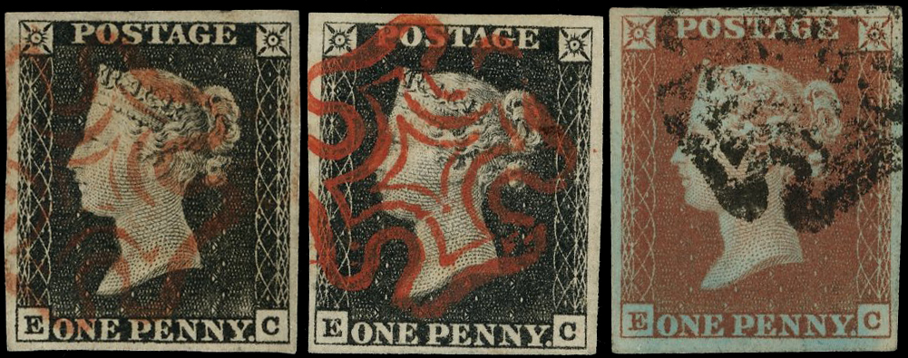 1840 1d black and 1841 1d red-brown, plate 1 (EC), matched match trio