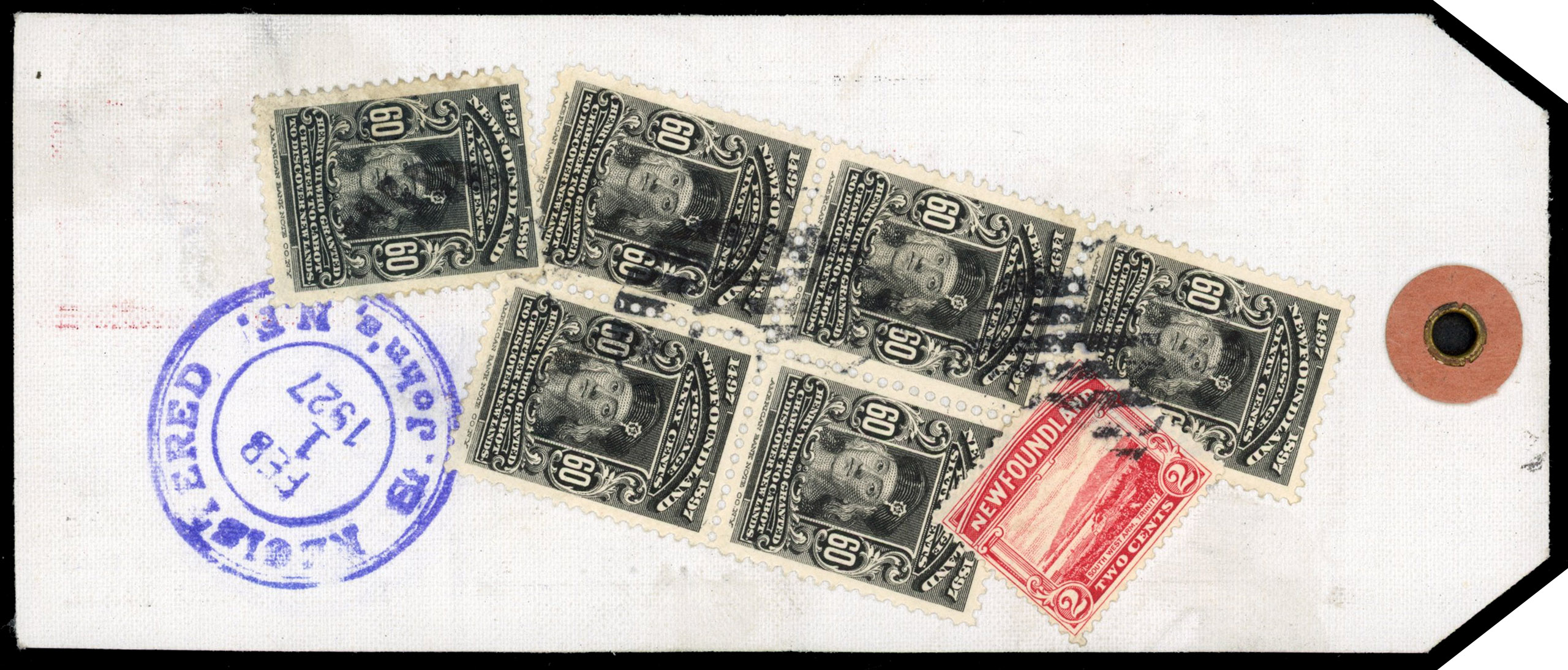 Newfoundland 1927 printed parcel tag to Halifax SG 79 and 150