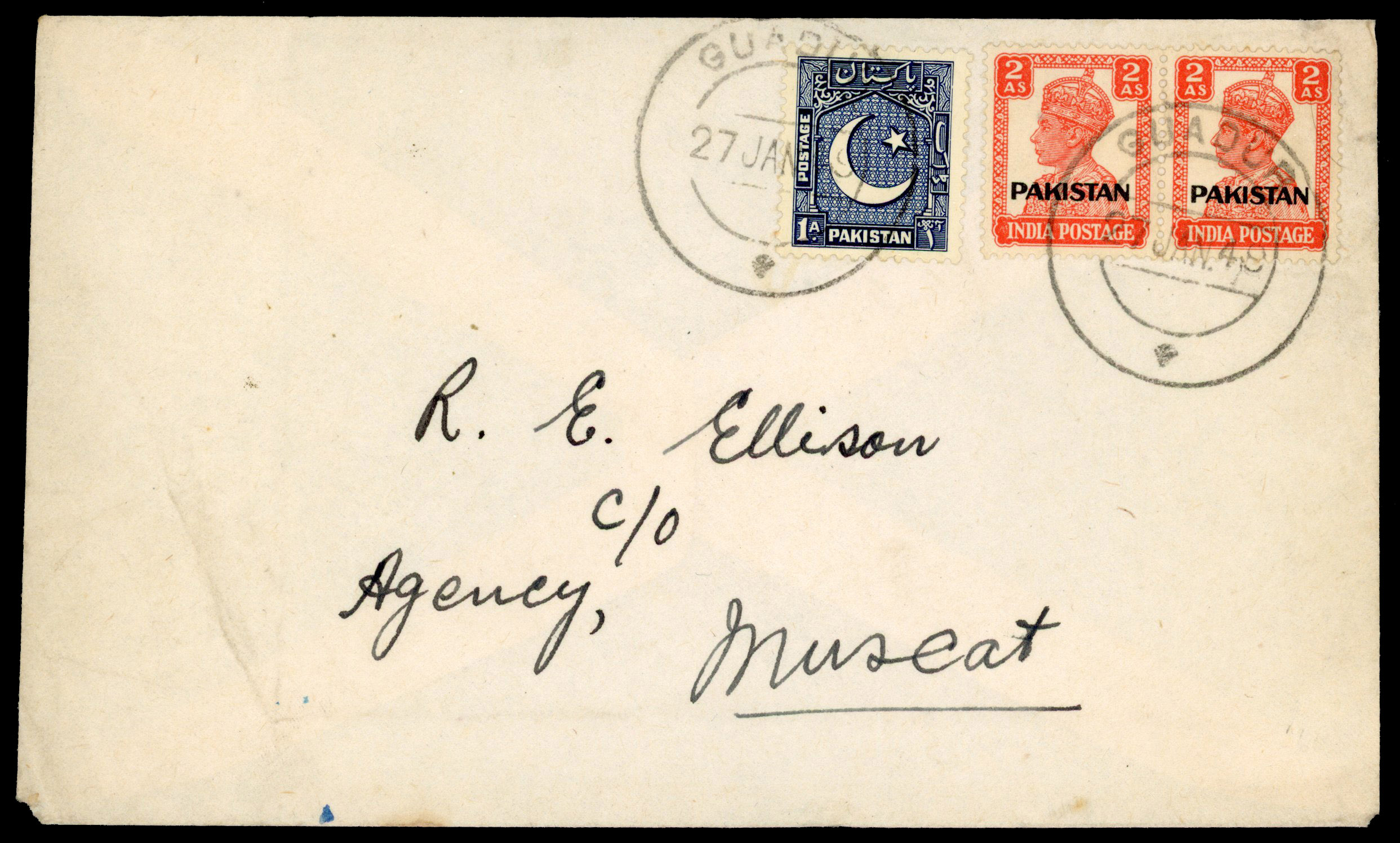 Muscat 1948 cover Pakistan stamps used at Guadur