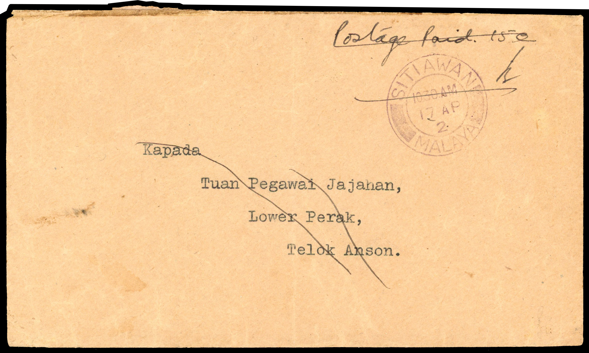 MJO 1942 stampless cover Sitiawan