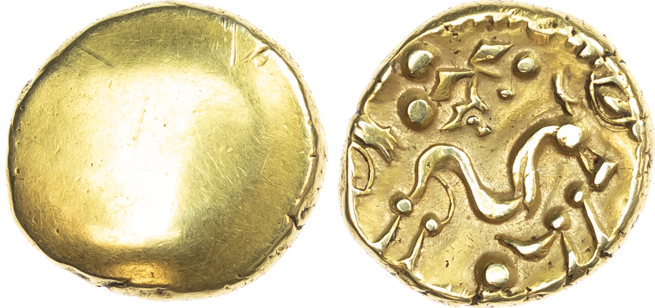 Imported Coinage, Ambiani (c. 58-55 BC) AV Stater, ‘Gallo-Belgic E’, Gallic Wars issue, 6.17g. Blank mound. Rev. Stylised