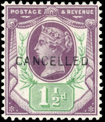 Great Britain 1887-1892 1½d dull purple & green optd "CANCELLED" Spec. K29t