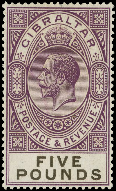 GIBRALTAR: 1925-32 £5 violet and black, Peter Holcombe certificate (1986) fine unused o.g. SG 108