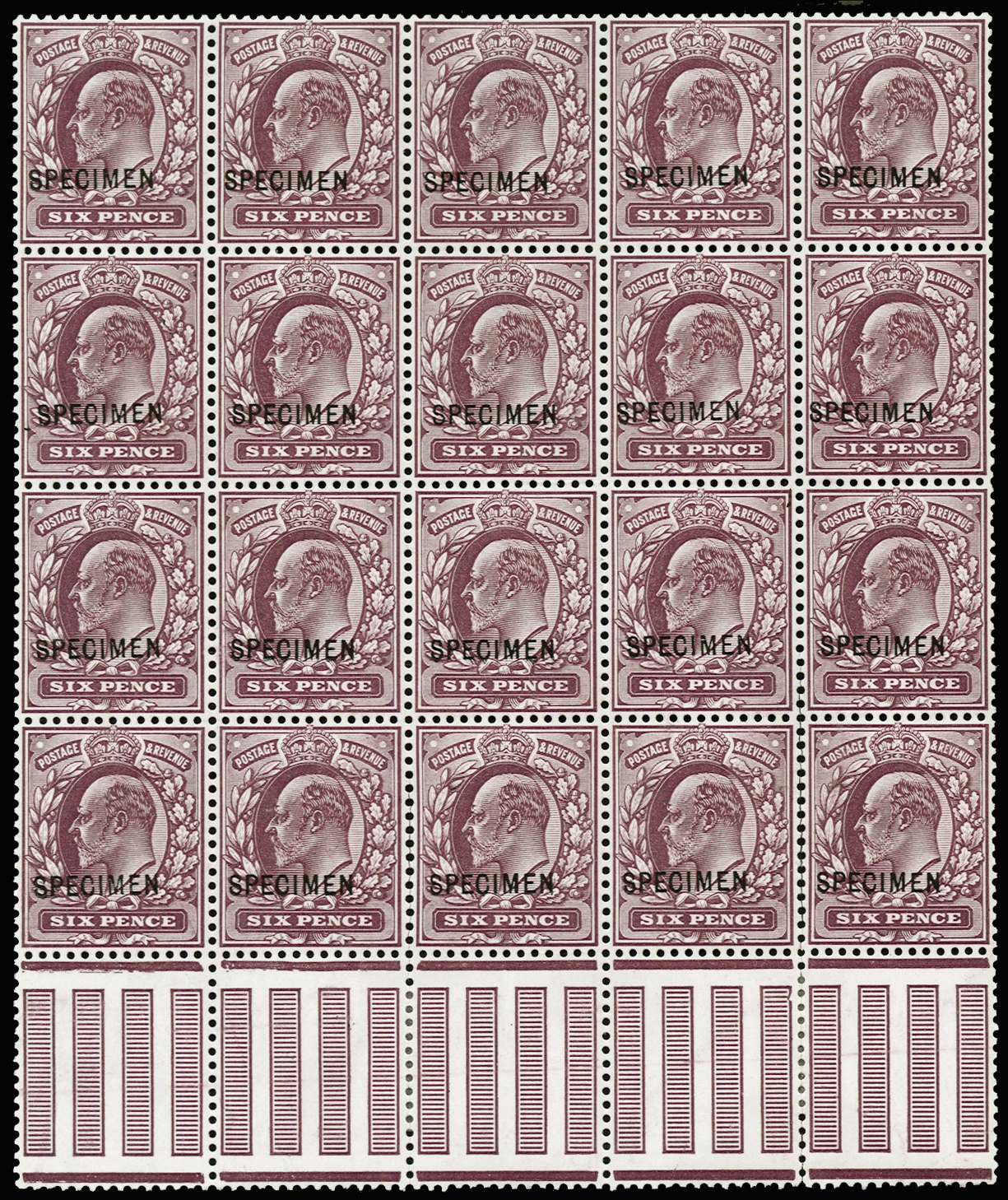 GB SG298s 1911 6d Reddish purple. Unmounted block of 20.