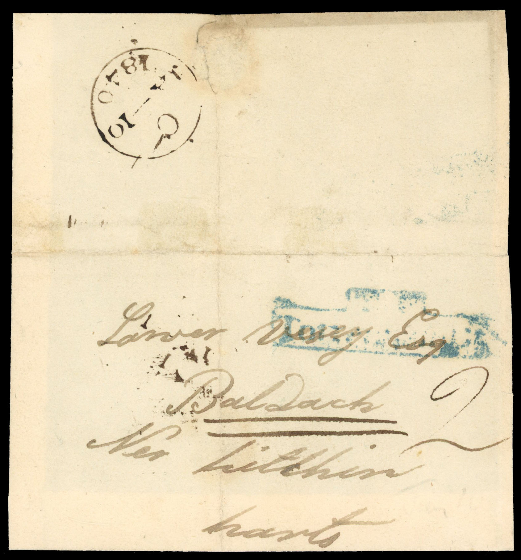 1840 (Jan. 10th) Uniform One Penny Postage. Small unpaid part wrapper first day