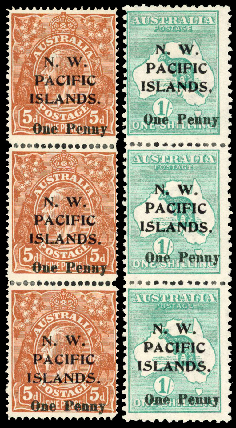 New Guinea 1918 One Penny on 5d, 1s vertical strips of 3